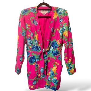 Vintage Adrienne Vittadini 100% Silk Floral Blazer Hot Pink Blue Flowers Size 4